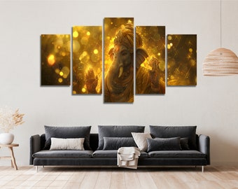 Ganesh Hindu Lord 5 Pieces Canvas Wall Art, Large Framed Canvas