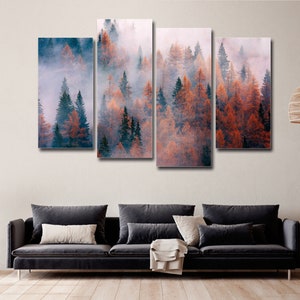 Autumn Fog Forest 4 Pieces Canvas Wall Art, Large Framed 4 Piece Canvas Wall Art, Extra Large Framed 4 Panel Canvas Wall Art, Home Decor Art