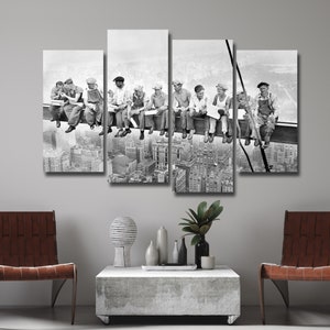 Lunch Atop a Skyscraper 4 Pieces Canvas Wall Art, Large Framed 4 Piece Canvas Wall Art, Extra Large Framed 4 Panel Canvas Wall Art Modern