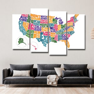 May include: A multi-panel wall art print featuring a map of the United States of America. The map is made up of the names of each state in colorful, stylized lettering. The print includes Alaska and Hawaii.