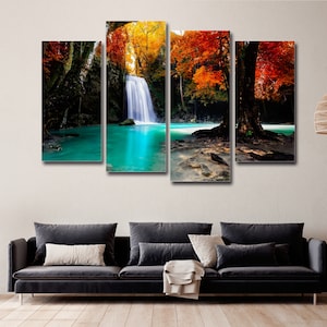 Waterfall Stream in Autumn Forest 4 Pieces Canvas Wall Art, Large Framed 4 Piece Canvas Wall Art, Extra Large Framed 4 Panel Canvas Wall Art