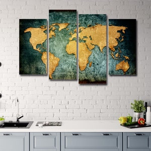 Weltkarte Vintage Kunstwerk 4-teilige Leinwand Wandkunst, große gerahmte 4-teilige Leinwand Wandkunst, extra große gerahmte 4-Panel Leinwand Wandkunst Abstrakt