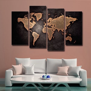 Rustieke wereldkaart abstracte 4-delige canvas kunst aan de muur, grote ingelijste 4-delige canvas muurkunst, extra grote ingelijste 4-delige canvas muurkunst abstract