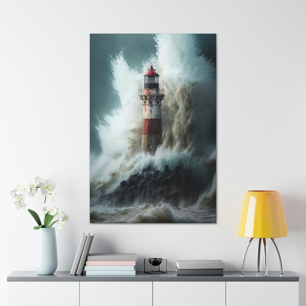 Lighthouse Art / Closeup of A weathered Lighthouse, A massive splash, an explosion of water, a violent sea, lightning, dramatic lighting,