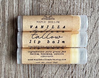 Bálsamo labial de sebo de vainilla / Producto de animales alimentados con pasto + acabado / Oleorresina / Cuidado de la piel natural hecho a mano / Sin petróleo