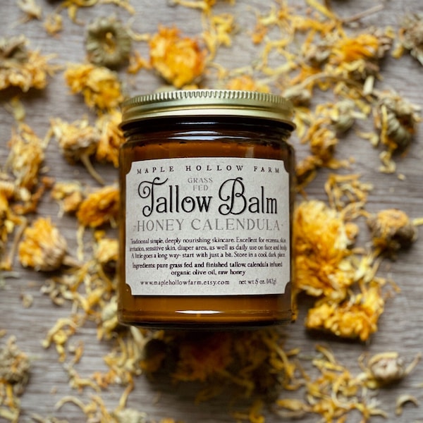 Large Tallow Balm Honey Calendula Whipped 5 oz | Grass Fed | Natural Skincare | Eczema Lotion | Hypoallergenic | Baby Diaper Cream