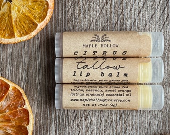 Citrus Tallow Lip Balm | Grass Fed + Finished | Sweet Orange | Handmade Natural Skincare | Petroleum Free