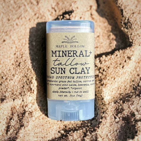 Tinted Mineral + Tallow Stick Sun Clay | Sensitive Skin | Natural Zinc Sunscreen | Kids Toddler | Reef Safe | Carrot Seed Oil Beeswax Cocoa