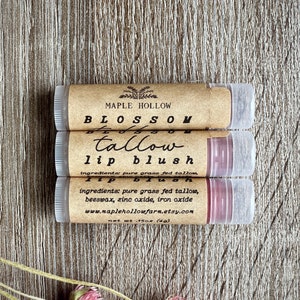 May include: Three lip balm tubes with brown labels and clear caps are stacked on a wooden surface. The labels read "MAPLE HOLLOW," "BLOSSOM," "tallow lip blush," and list ingredients. The net weight is 15oz (4g). Pink flowers are in the foreground.