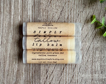 Simply Tallow Lip Balm | Unscented | Grass Fed + Finished | Sensitive Skin | Handmade Natural Skincare | Petroleum Free