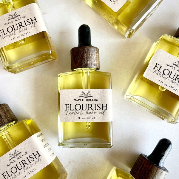 Flourish Rosemary Hair Oil | Argan + Castor Oil | Growth + Volume + Shine | Rosemary Nettle Oatstraw Infused Serum