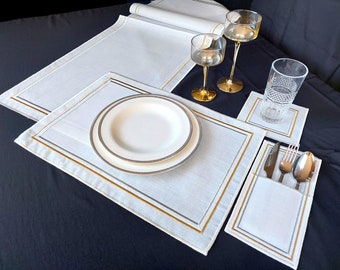 Linen Placemat Set: Gold & Silver Lined Table Runner, Coasters, Cutlery Pouches