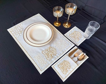 Linen Placemat Set: Ramadan Gold Embroidery, Table Runner & Coasters