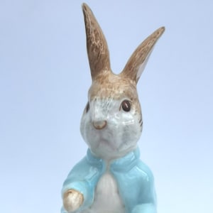 Może przedstawiać: Ceramiczna figurka królika, ubranego w jasnoniebieską kurtkę, stojącego na zielonej, trawiastej podstawie. Królik ma brązowe uszy i białą twarz. Przedmiot dekoracyjny.