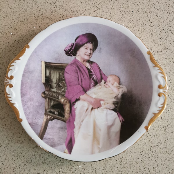 Queen Mother and Prince Harry commemorative serving Christening English Bone China Plate with gold detailing