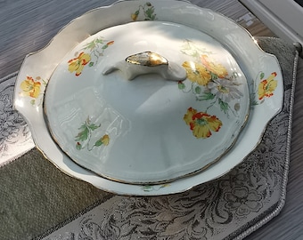 Alfred Meakin Bone China serving dish, vegetable bowl, casserole  dish with lid. Vintage item with  art deco yellow / orange poppy flowers.