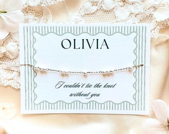 Custom Bridesmaid Pearl Bracelet on Striped Tie the Knot Bracelet Card, 18k Gold or Silver Plated