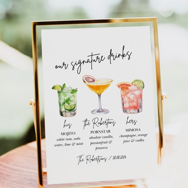 Signature Drink Sign Template, Editable Cocktail Sign, Printable Wedding Bar Menu, His Hers Drink Sign, 400+ Drinks and Garnishes  #1.1