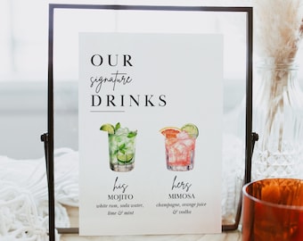 Puede incluir: Un cartel imprimible con el texto "OUR signature DRINKS" e ilustraciones de dos cócteles. El texto debajo de las ilustraciones dice "his MOJITO white rum, soda water, lime & mint" y "hers MIMOSA champagne, orange juice & vodka".