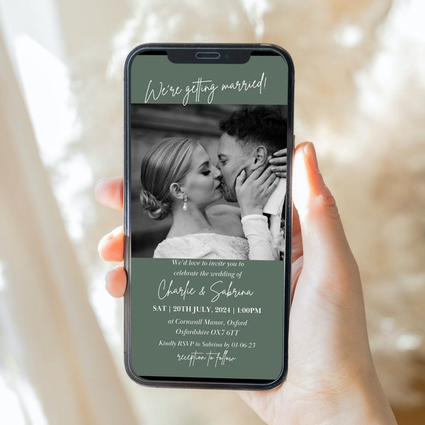 Digital Wedding Invitation E-invite Template, Minimalist Electronic Greenery Invitation, Sage Wedding Mobile Invite #2