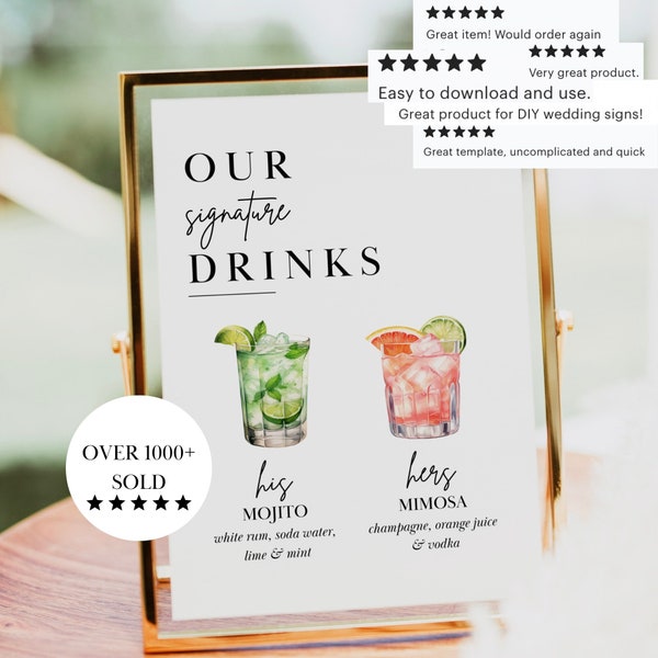 Signature Drinks Sign Template, Signature Cocktail Sign, Printable Wedding Bar Menu Sign, Editable His Hers Drink Sign, 400+ Drinks #3.0