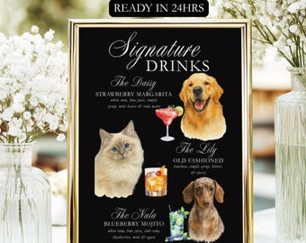 Custom Watercolor Pet Portrait Signature Drink Wedding Sign (Digital Download)