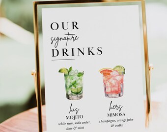 Signature Drinks Sign Template, Signature Cocktail Sign, Printable Wedding Bar Menu Sign, Editable His Hers Drink Sign, 400+ Drinks #3.0