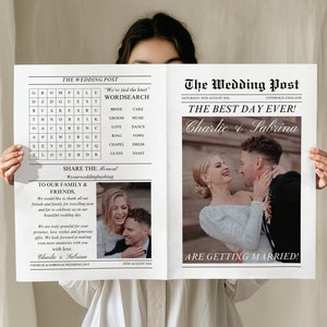 May include: A mock newspaper announcement for a wedding. The headline reads "The Best Day Ever! Charlie & Sabrina Are Getting Married!" with a photo of the couple. The newspaper also includes a wedding word search puzzle.