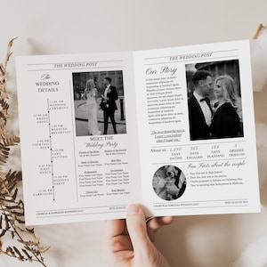 Modello di programma di giornale per cerimonia nuziale piegato, programma di giornale per cerimonia stampabile, programma di giornale fai da te modificabile, Hochzeitszeitung