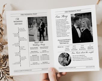 Plantilla de programa de periódico para ceremonia de boda, programa de periódico imprimible, programa de periódico editable, Hochzeitszeitung