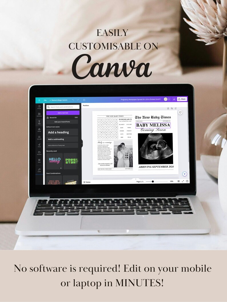May include: A laptop computer displaying a digital mockup of a pregnancy announcement newspaper. The newspaper headline reads "The New Baby Times" with the text "BABY MELISSA Coming Soon" and "ARRIVING SEPTEMBER 2024". The text "EASILY CUSTOMISABLE ON Canva" is displayed above the laptop.