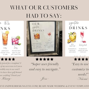 May include: Three images of wedding drink signs with watercolor illustrations of cocktails. The first sign has three drinks with the names "South Side", "John Daly", and "Transfusion". The second sign has two drinks with the names "Old Fashioned" and "St. Germaine Cocktail". The third sign has three drinks with the names "Grey Breadfruit", "Blushing Bride", and "Spiked Lemonade". Each image has a five-star rating and a customer review.