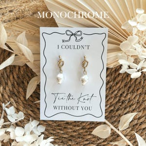Pearl bridesmaid earrings on a monochrome minimalist proposal card, modern wedding bridesmaid gift for maid of honour or bridal party with a clean black and white design