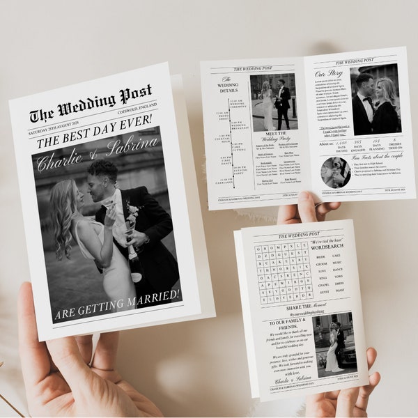 Folded Printable Wedding Newspaper Program Canva Template, Newlywed Times Newspaper Wedding Program, Infographic Ceremony Newspaper Schedule