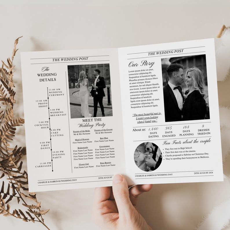 Gevouwen huwelijksceremonie krant programmasjabloon, afdrukbare ceremoniekrant programma, bewerkbaar DIY-krantprogramma, Hochzeitszeitung afbeelding 1