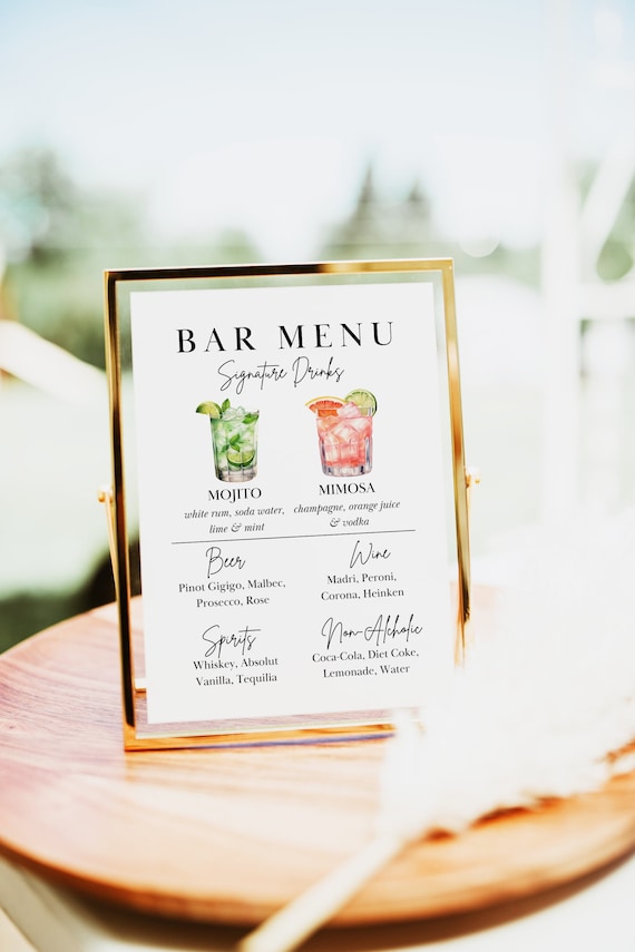 Editable Bar Menu Template, Wedding Drinks Menu Sign Download, Custom Wedding Bar Menu, Canva Bar Sign, Signature Drinks Sign Template