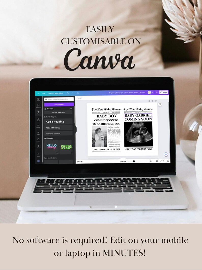May include: A laptop displays a customizable Canva template for a baby announcement. The screen shows a newspaper-style design with the text "BABY BOY COMING SOON" and "BABY GABRIEL COMING SOON." The image also includes the text "EASILY CUSTOMISABLE ON Canva."