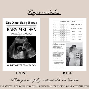 May include: A black and white newspaper-style announcement for a baby shower. The front page features a headline that reads "The New Baby Times" and a black and white ultrasound image. The back page features a word search puzzle and a black and white photo of a couple holding a framed ultrasound image.