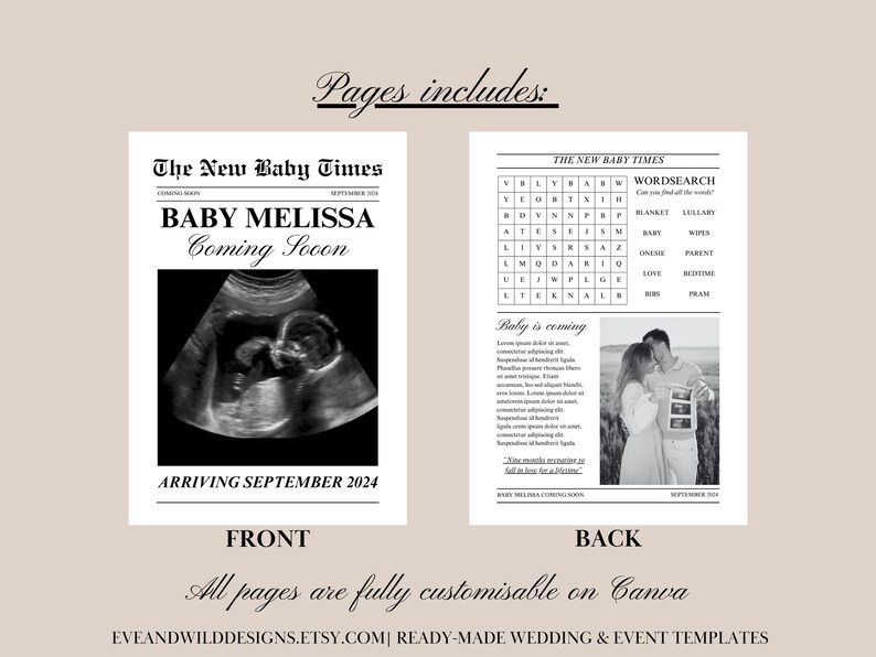 May include: A black and white newspaper-style announcement for a baby shower. The front page features a headline that reads "The New Baby Times" and a black and white ultrasound image. The back page features a word search puzzle and a black and white photo of a couple holding a framed ultrasound image.