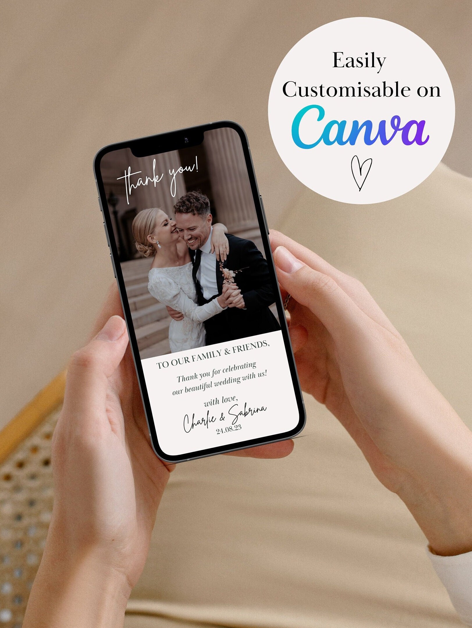 Minimalist Digital Wedding Thank You Card Template, Editable Wedding