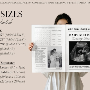 May include: A black and white newspaper style announcement for a baby shower. The headline reads "The New Baby Times" with the subheading "BABY MELISSA Coming Soon". The announcement includes a sonogram image and the text "ARRIVING SEPTEMBER 2024".