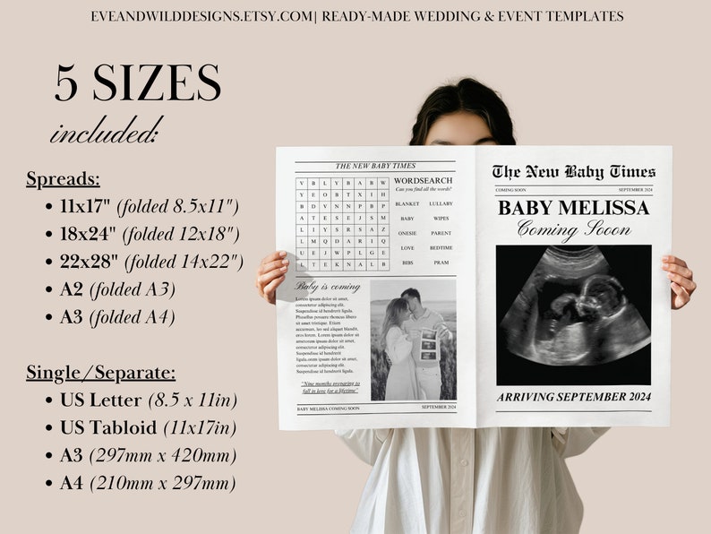 May include: A black and white newspaper style announcement for a baby shower. The headline reads "The New Baby Times" with the subheading "BABY MELISSA Coming Soon". The announcement includes a sonogram image and the text "ARRIVING SEPTEMBER 2024".
