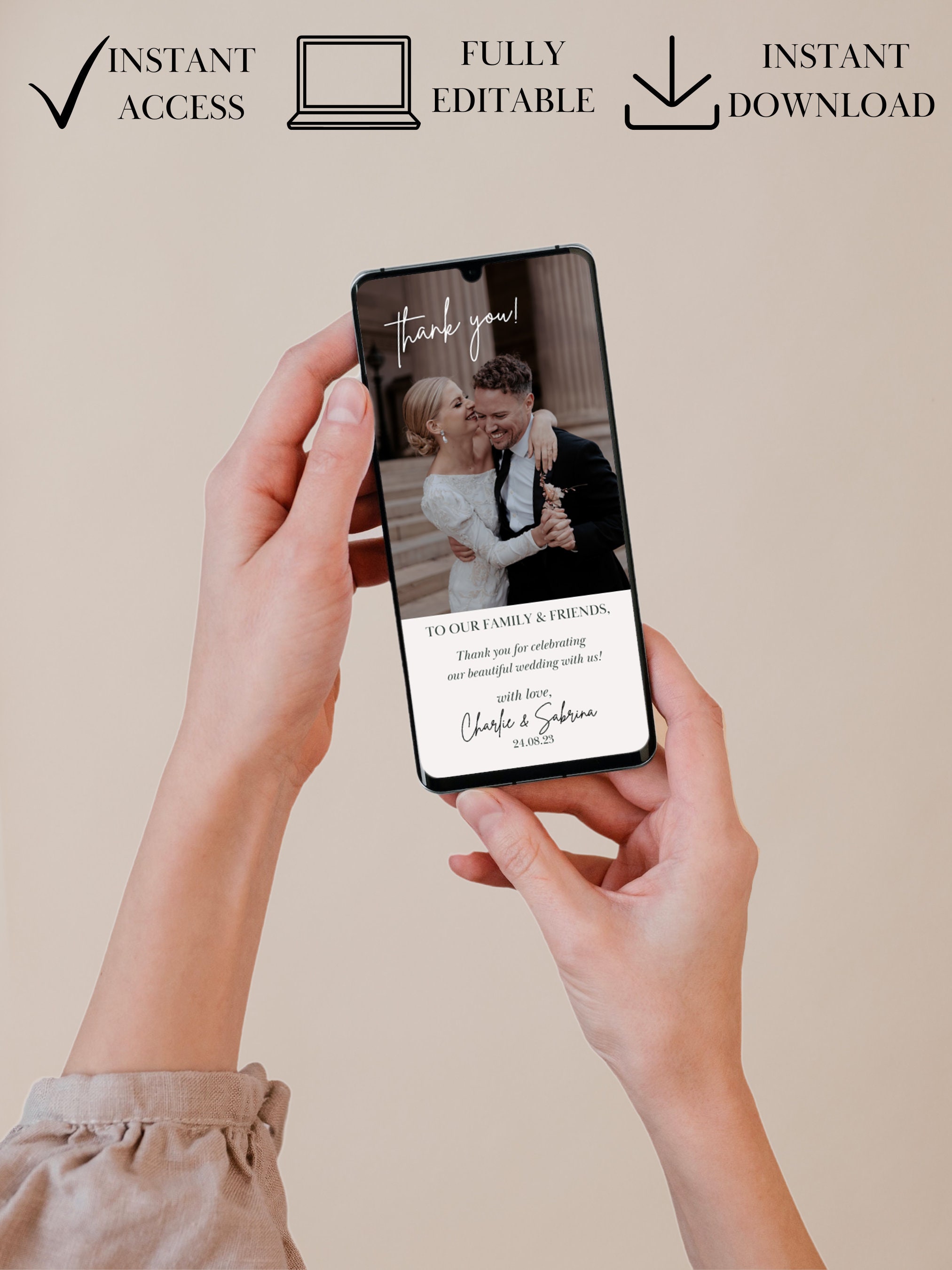 Electronic Wedding Thank You Template, Modern Digital Thank You Cards