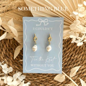 Pearl bridesmaid proposal earrings on a something blue card, classic wedding bridesmaid gift symbolising tradition and perfect for maid of honour or bridesmaid proposals