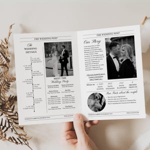 Gevouwen huwelijksceremonie krant programmasjabloon, afdrukbare ceremoniekrant programma, bewerkbaar DIY-krantprogramma, Hochzeitszeitung afbeelding 3