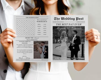 Folded Canva Wedding Ceremony Newspaper Program Template, Wedding Post Newspaper Program Diy, Wedding Day Timeline Newspaper Infographic