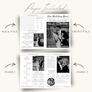 Gevouwen huwelijksceremonie krant programmasjabloon, afdrukbare ceremoniekrant programma, bewerkbaar DIY-krantprogramma, Hochzeitszeitung afbeelding 5