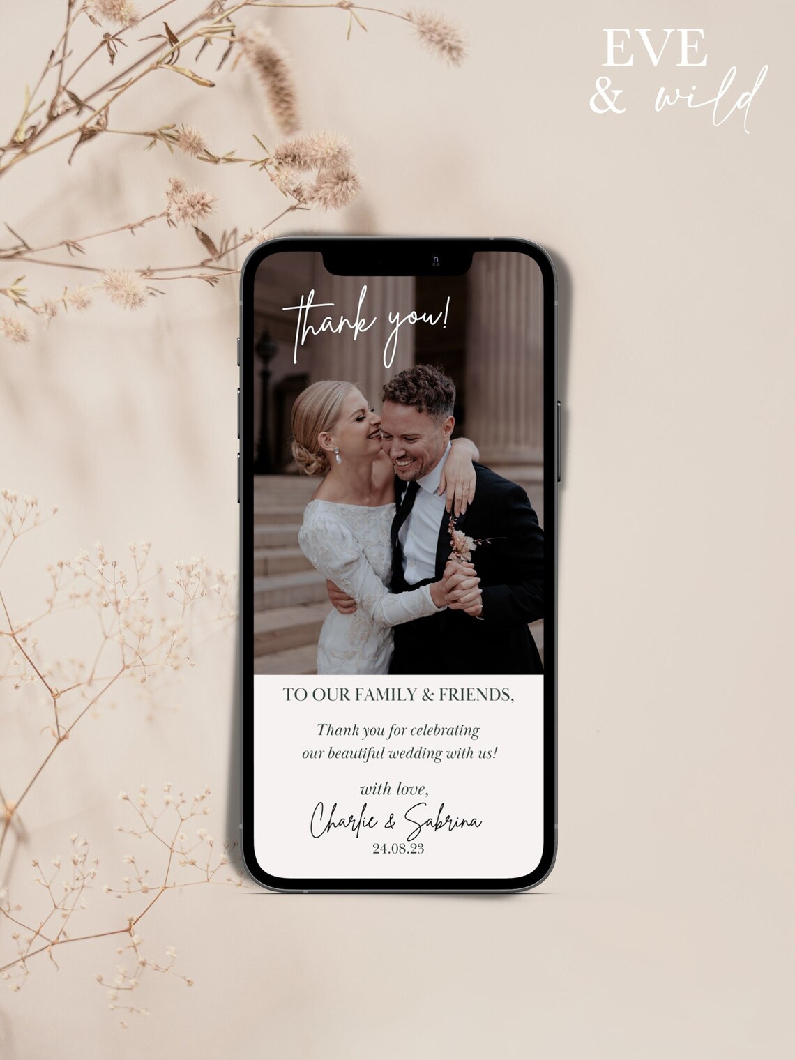 Minimalist Digital Wedding Thank You Card Template, Editable Wedding