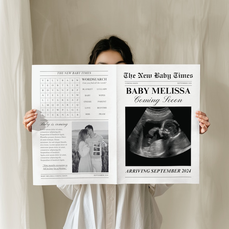 Large Pregnancy Newspaper Announcement Template, Canva Pregnancy Reveal Newspaper, Baby is Coming Newspaper, Editable Pregnancy Times image 1