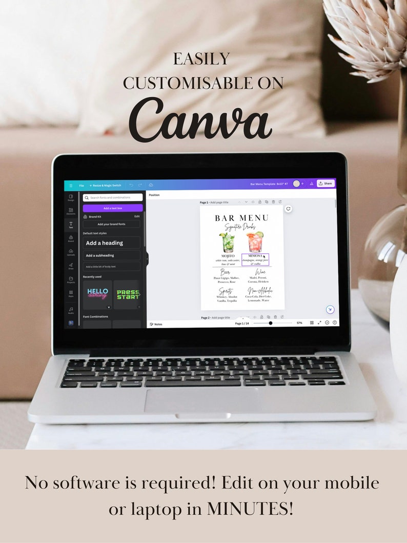 Op de afbeelding: Het scherm van een laptop waarop een Canva-ontwerptemplate voor een barmenu wordt weergegeven. De template bevat een aquarel-illustratie van drie cocktails met de tekst "Bar Menu" en "Signature Drinks".